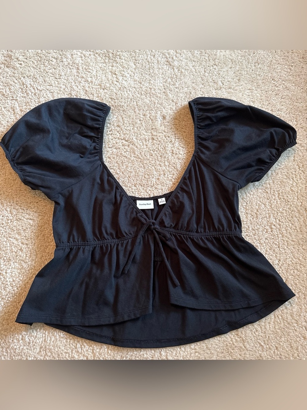 Aritzia Sunday Best Black Tie-Front Puff Sleeve Top